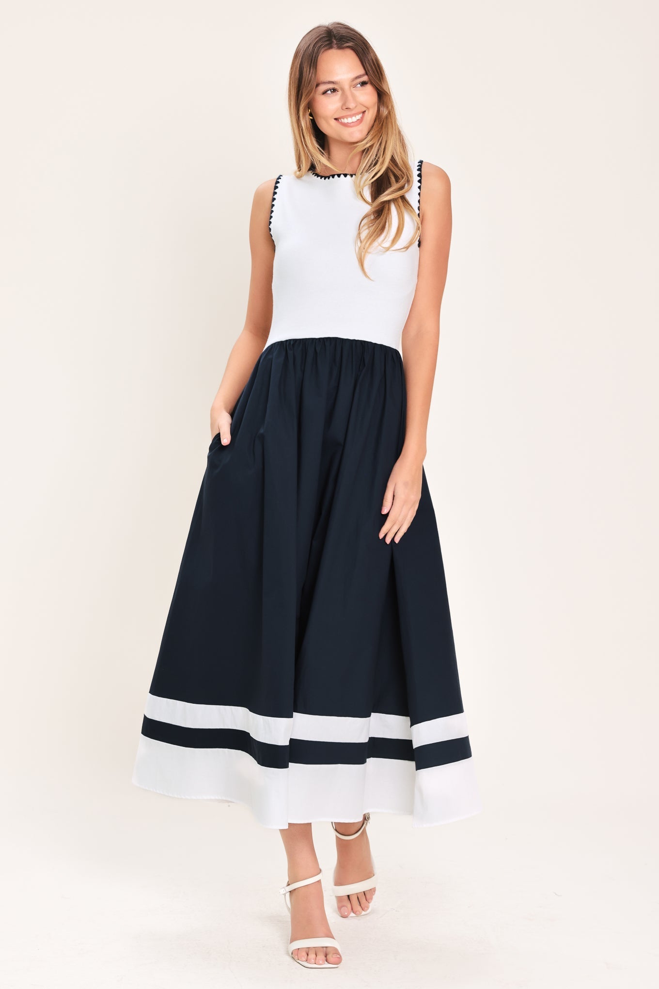 EVERYDAY ELEGANCE WOVEN COMBINATION MIDI DRESS - Glamourous Grace