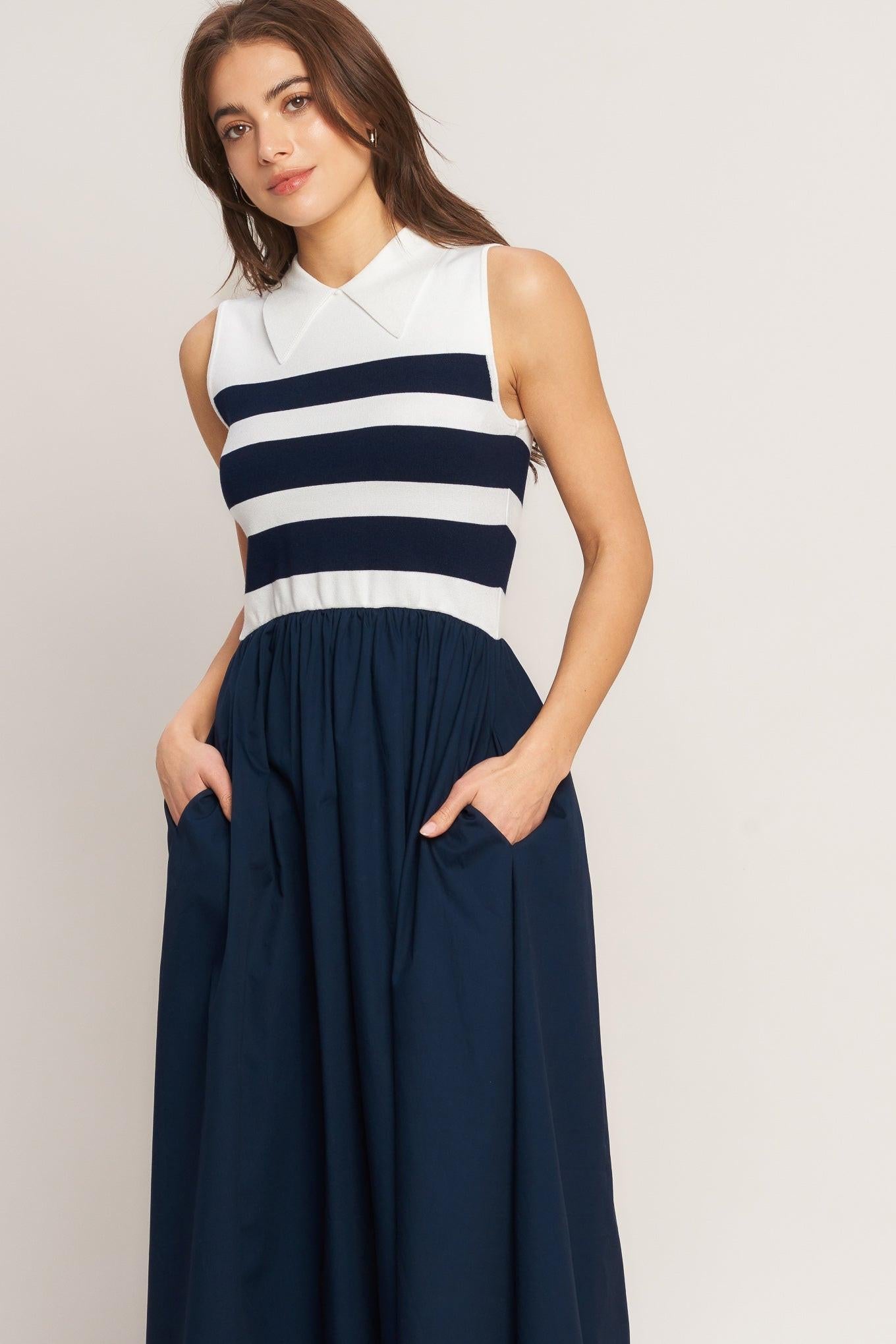 STRIPE ELEGANCE SWEATER WOVEN MIDI DRESS - Glamourous Grace