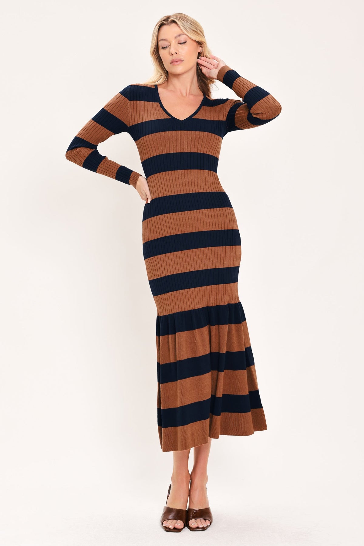 COGNAC NAVY RHYTHM SWEATER KNIT MIDI MERMAID DRESS - Glamourous Grace