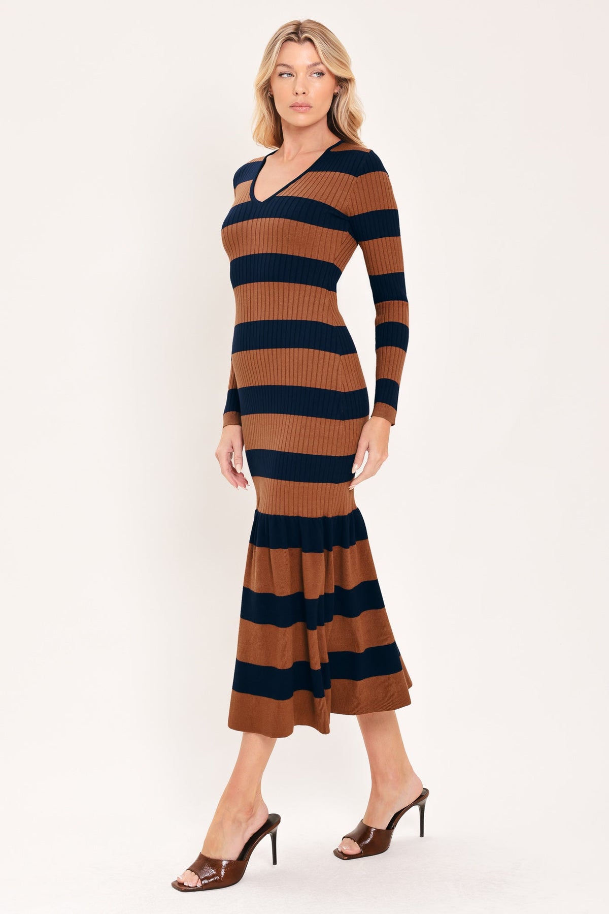 COGNAC NAVY RHYTHM SWEATER KNIT MIDI MERMAID DRESS - Glamourous Grace