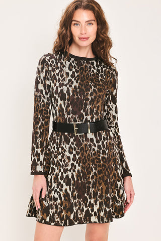 WILDLY POLISHED LEOPARD BELTED SWEATER MINI DRESS