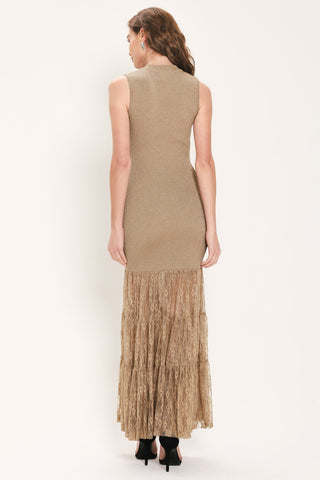 GILDED GRACE GOLD METALLIC LACE-TIER SWEATER MAXI DRESS