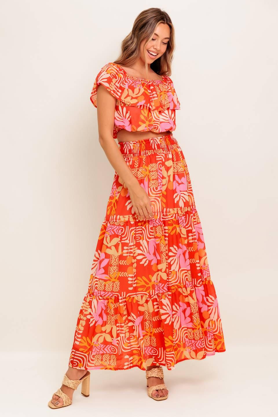 FAINT SUNBEAM RED WOVEN TOP AND SKIRT SET - Glamourous Grace