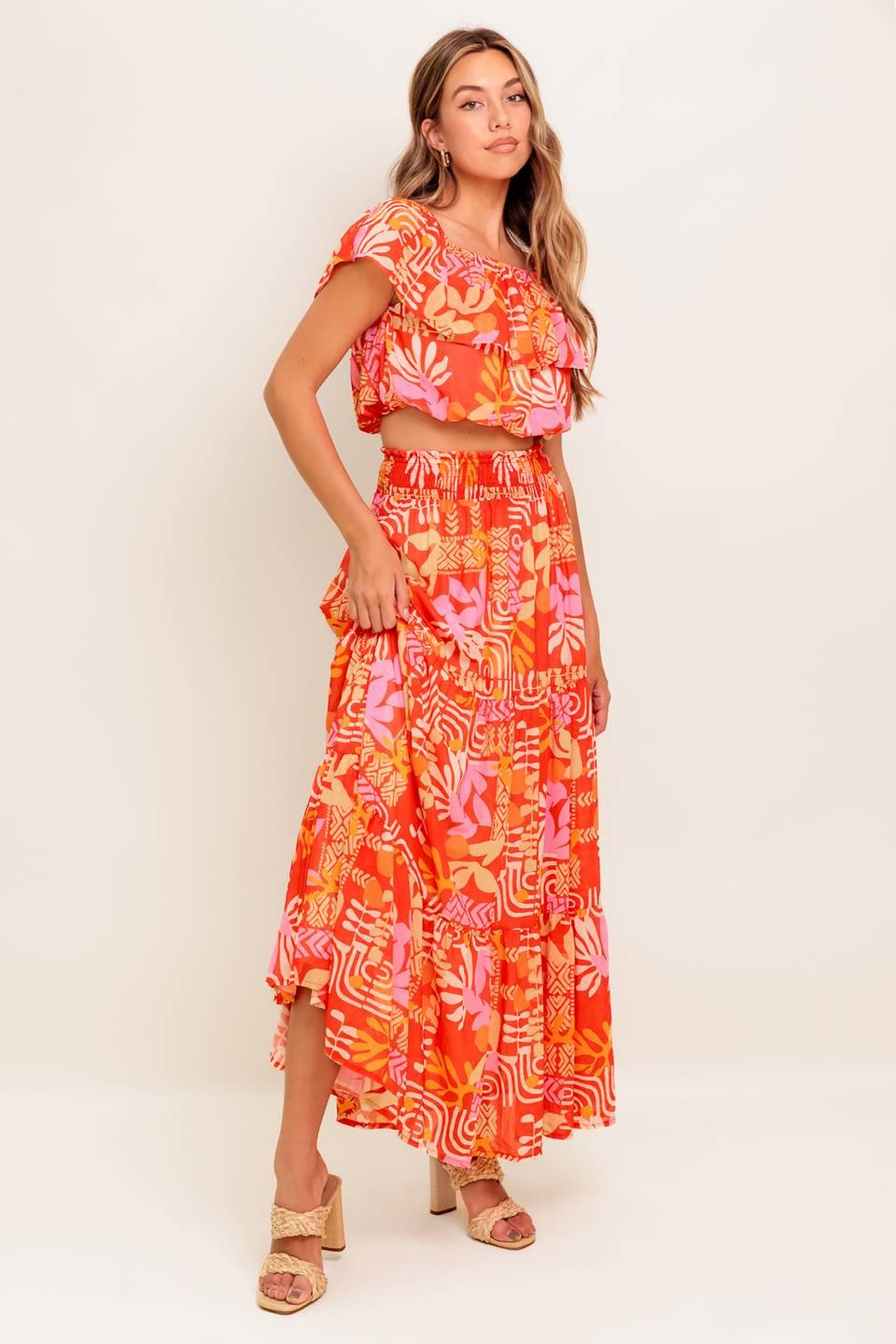 FAINT SUNBEAM RED WOVEN TOP AND SKIRT SET - Glamourous Grace