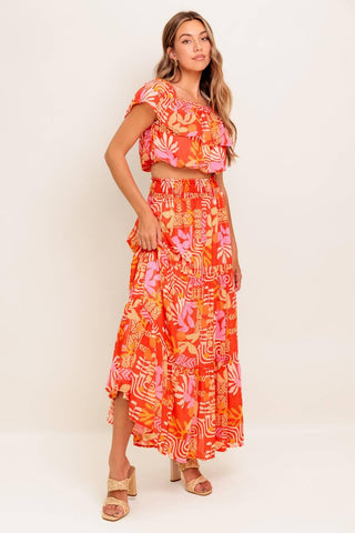 FAINT SUNBEAM RED WOVEN TOP AND SKIRT SET - Glamourous Grace