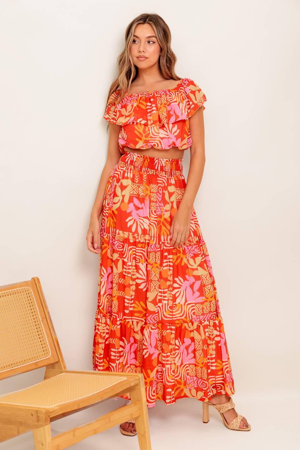 FAINT SUNBEAM RED WOVEN TOP AND SKIRT SET - Glamourous Grace
