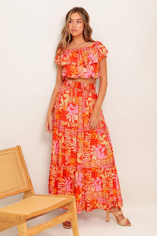 FAINT SUNBEAM RED WOVEN TOP AND SKIRT SET - Glamourous Grace