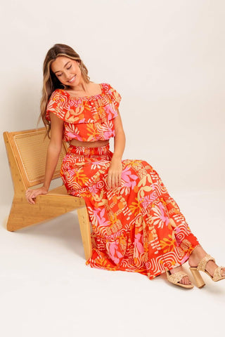 FAINT SUNBEAM RED WOVEN TOP AND SKIRT SET - Glamourous Grace