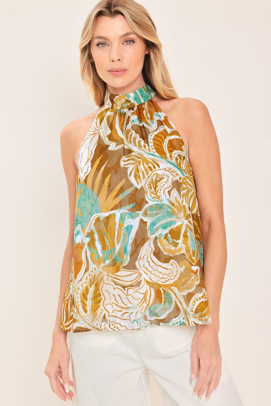 GOLDEN SHORES FLOW WOVEN JACQUARD TOP - Glamourous Grace