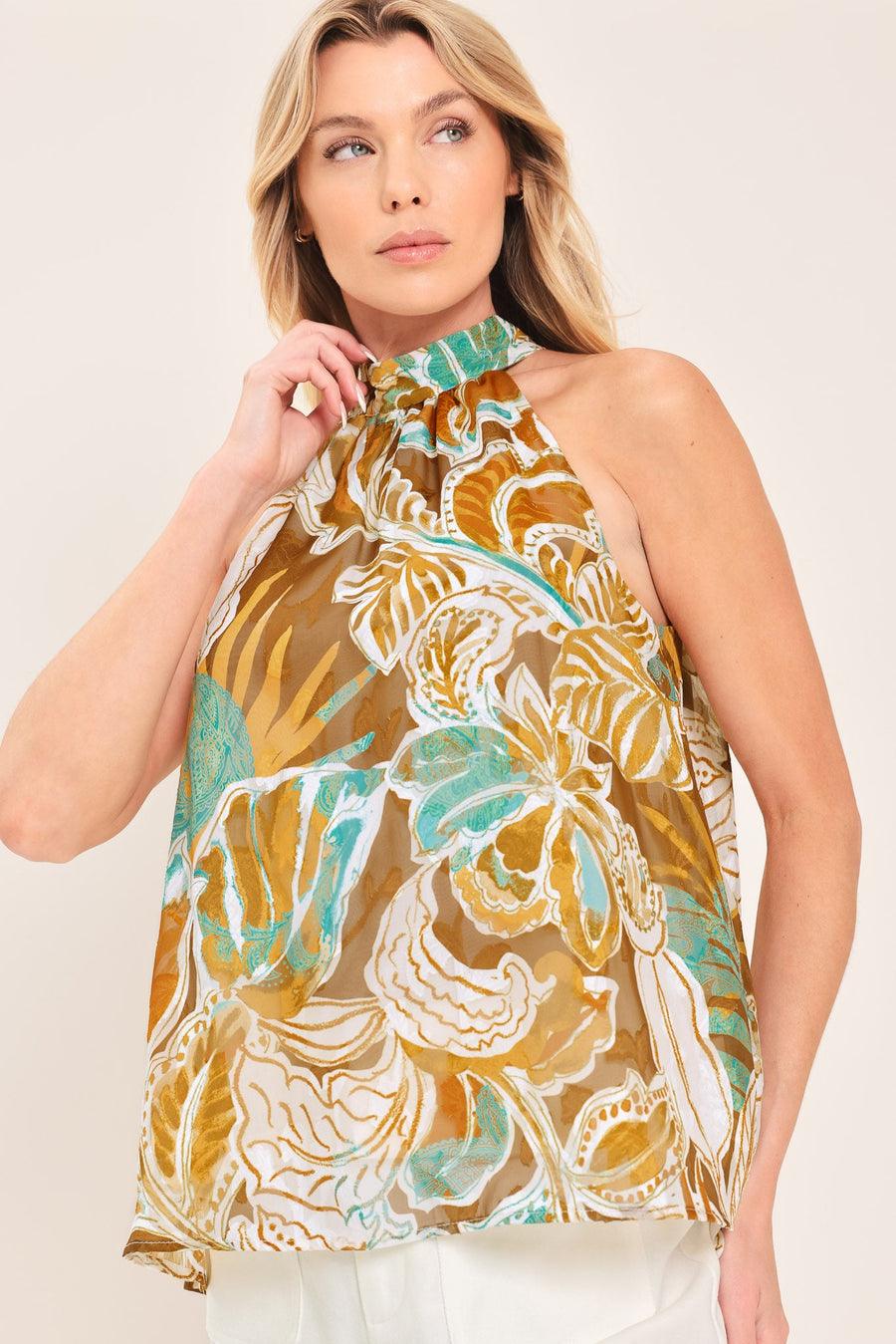 GOLDEN SHORES FLOW WOVEN JACQUARD TOP - Glamourous Grace
