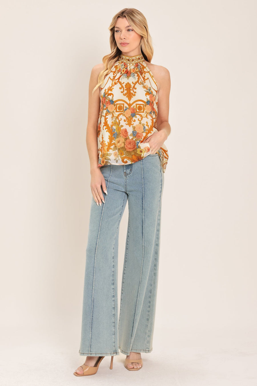 ANTIQUE BLOOM WOVEN HALTER TOP - Glamourous Grace