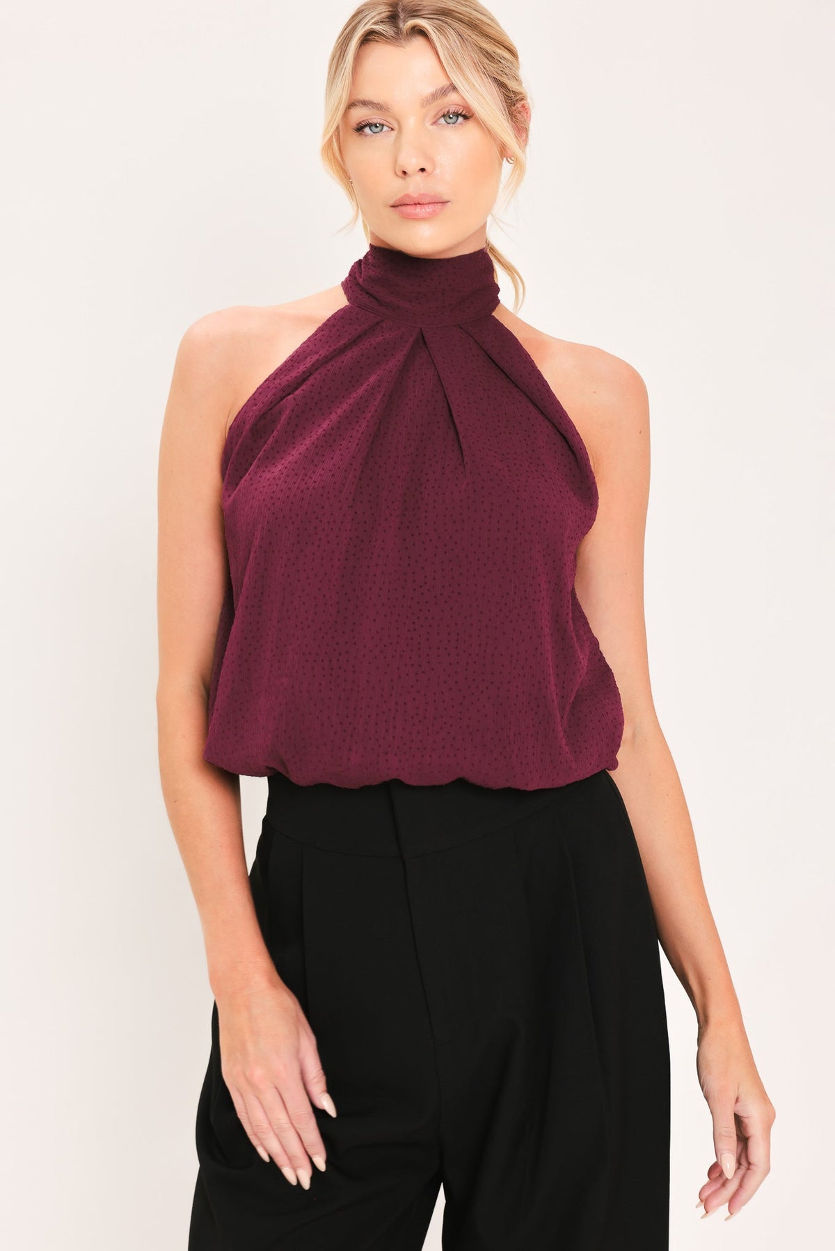 BORDEAUX SHEER DRAPE WOVEN HALTER TOP - Glamourous Grace