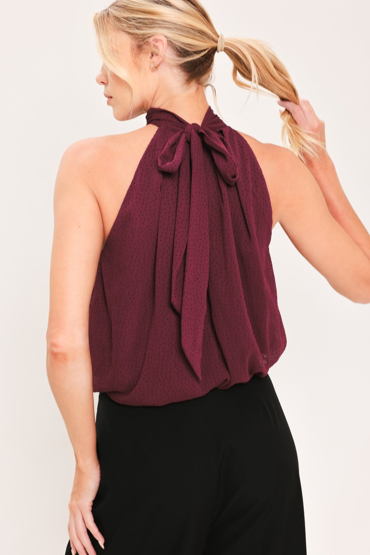 BORDEAUX SHEER DRAPE WOVEN HALTER TOP - Glamourous Grace