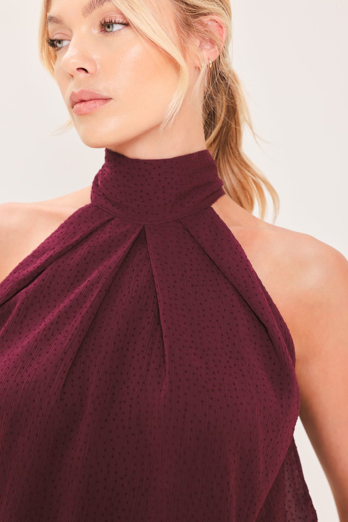 BORDEAUX SHEER DRAPE WOVEN HALTER TOP - Glamourous Grace
