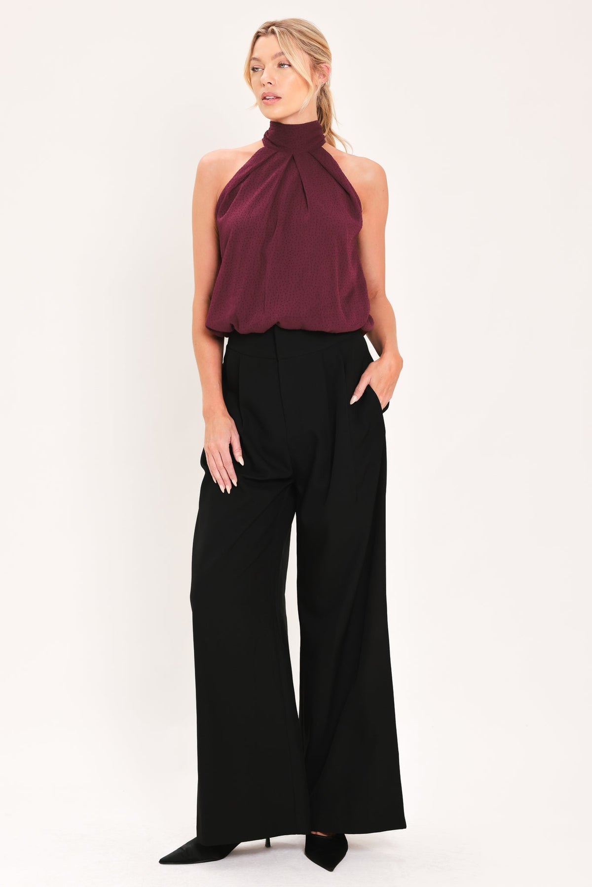 BORDEAUX SHEER DRAPE WOVEN HALTER TOP - Glamourous Grace