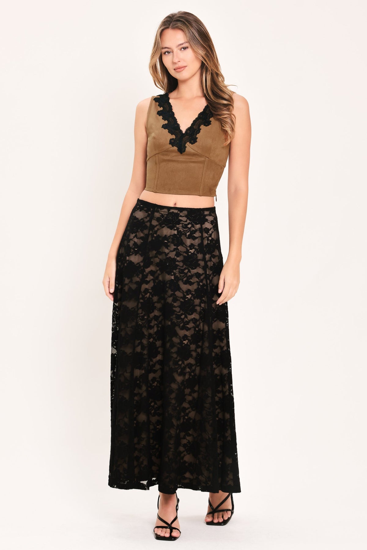 UMBER LACE AFTERGLOW FAUX SUEDE CROP TOP - Glamourous Grace