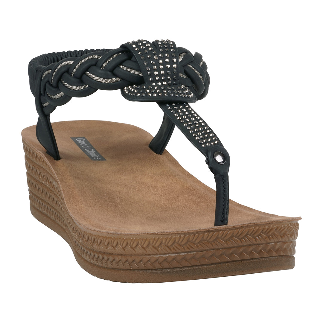 Women's Ivana Black Embellished Cross Strap Wedge Sandals - Glamourous Grace