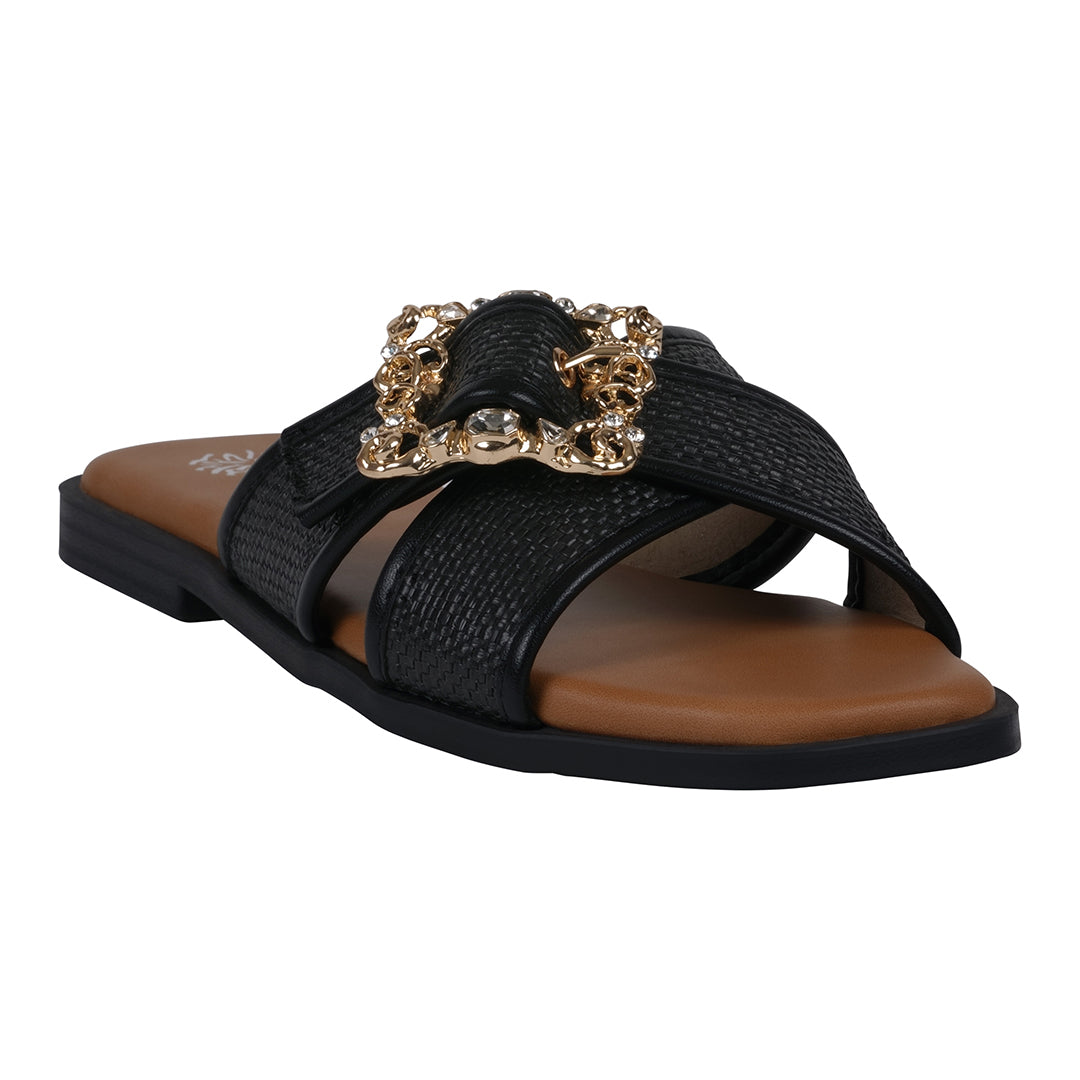 Women's Ivy Black Woven Flat Sandals - Glamourous Grace