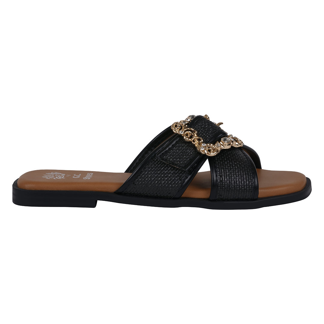 Women's Ivy Black Woven Flat Sandals - Glamourous Grace