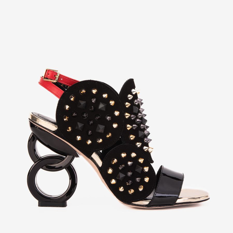 The Infanta Black Spike Leather Ankle Strap Women Sandal - Glamourous Grace