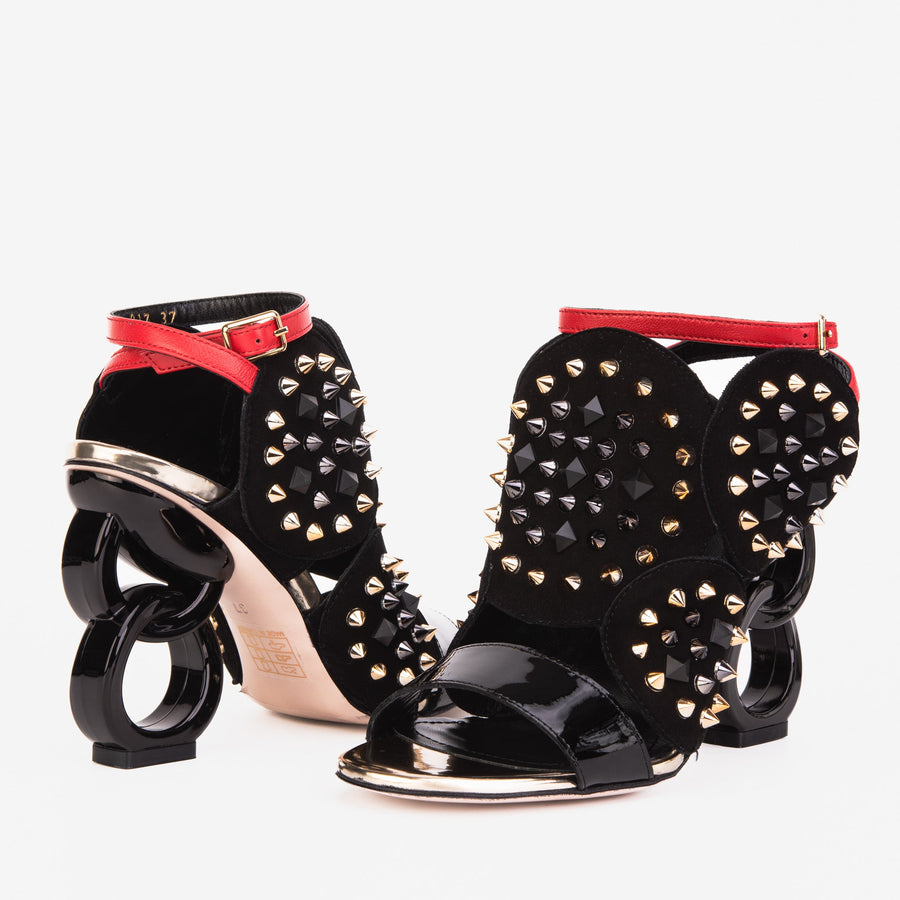 The Infanta Black Spike Leather Ankle Strap Women Sandal - Glamourous Grace