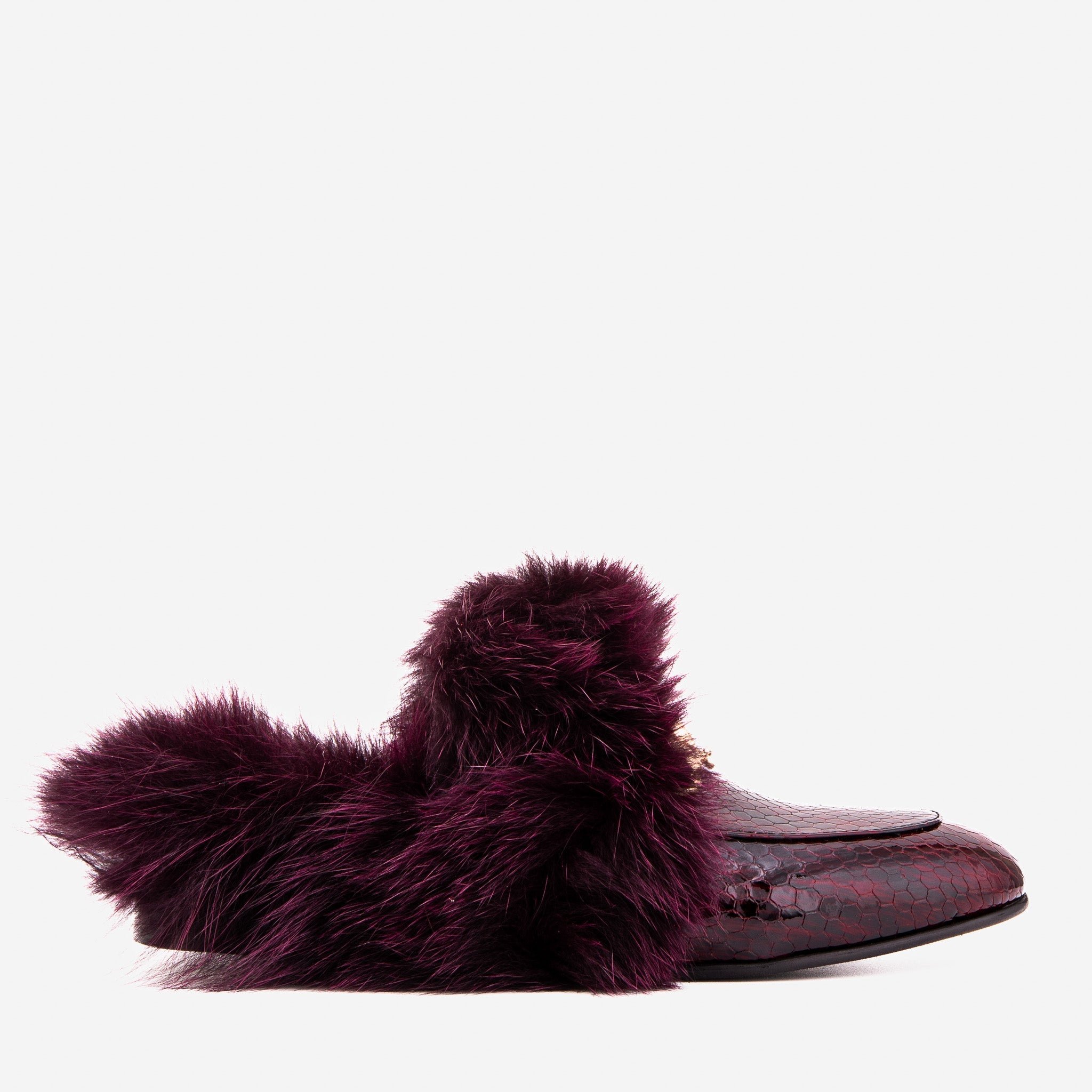 The Izmir Burgundy  Patent Leather Natural Fur Women Slipper - Glamourous Grace