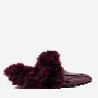 The Izmir Burgundy  Patent Leather Natural Fur Women Slipper - Glamourous Grace