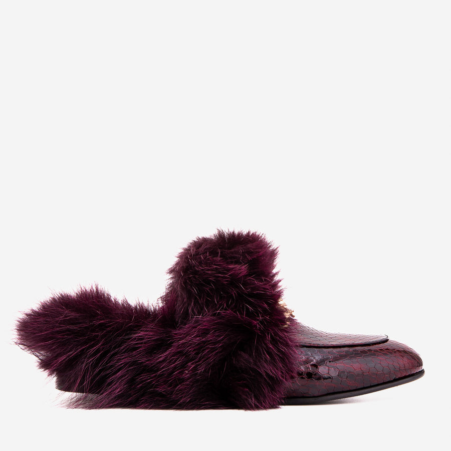 The Izmir Burgundy  Patent Leather Natural Fur Women Slipper - Glamourous Grace