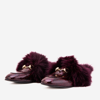 The Izmir Burgundy  Patent Leather Natural Fur Women Slipper - Glamourous Grace