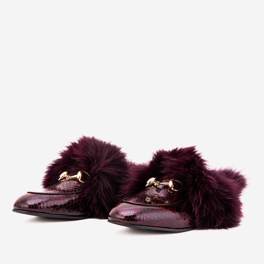 The Izmir Burgundy  Patent Leather Natural Fur Women Slipper - Glamourous Grace