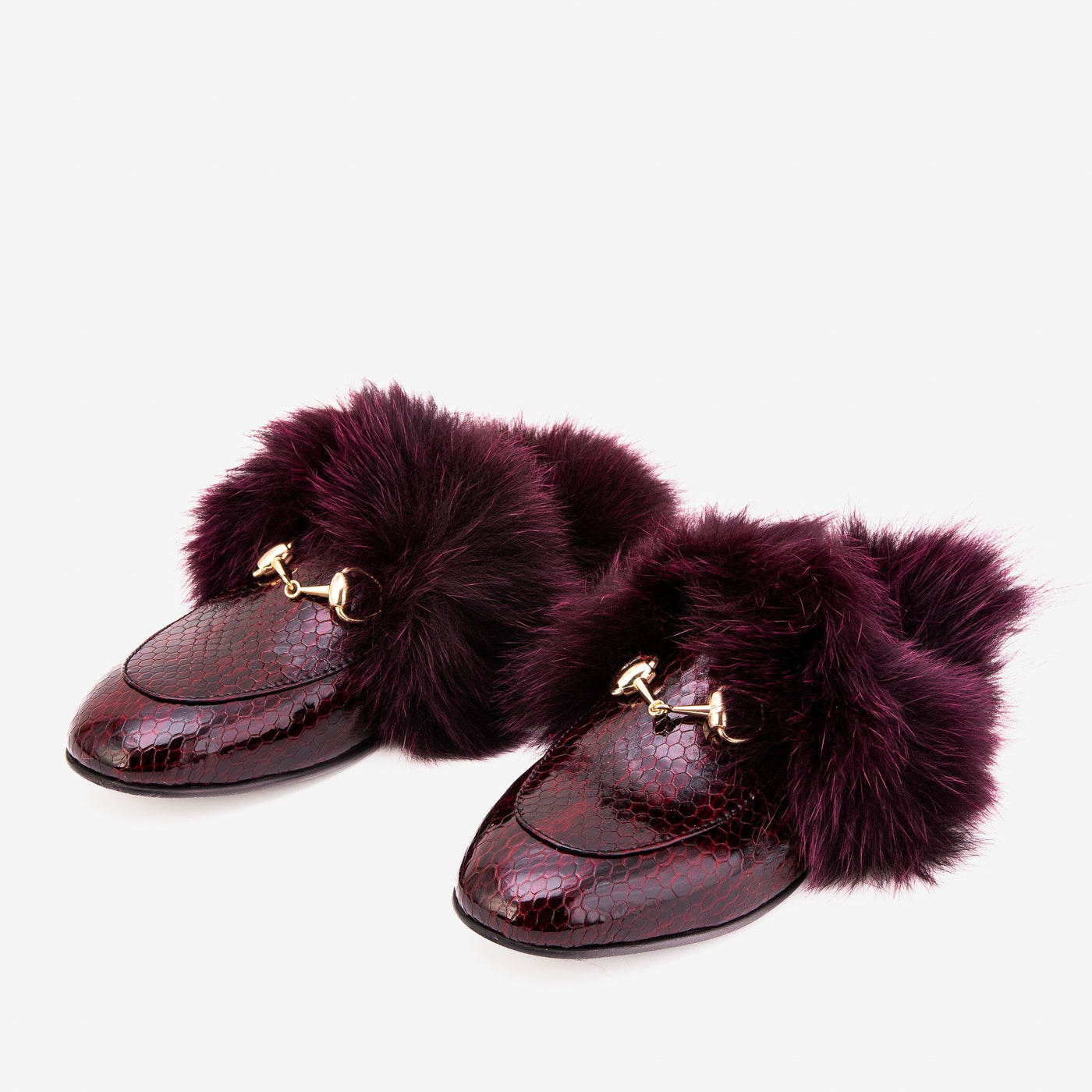 The Izmir Burgundy  Patent Leather Natural Fur Women Slipper - Glamourous Grace