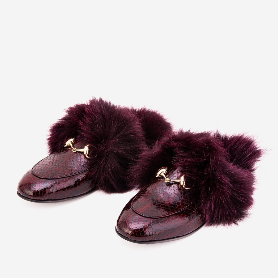 The Izmir Burgundy  Patent Leather Natural Fur Women Slipper - Glamourous Grace