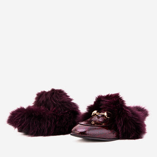 The Izmir Burgundy  Patent Leather Natural Fur Women Slipper - Glamourous Grace