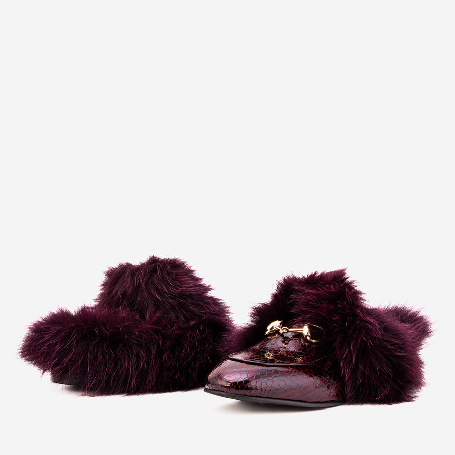 The Izmir Burgundy  Patent Leather Natural Fur Women Slipper - Glamourous Grace