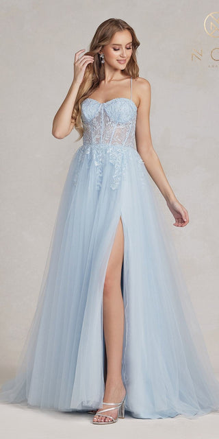 Nox Anabel J1089 Floor Length A-Line Tulle Gown with Slit