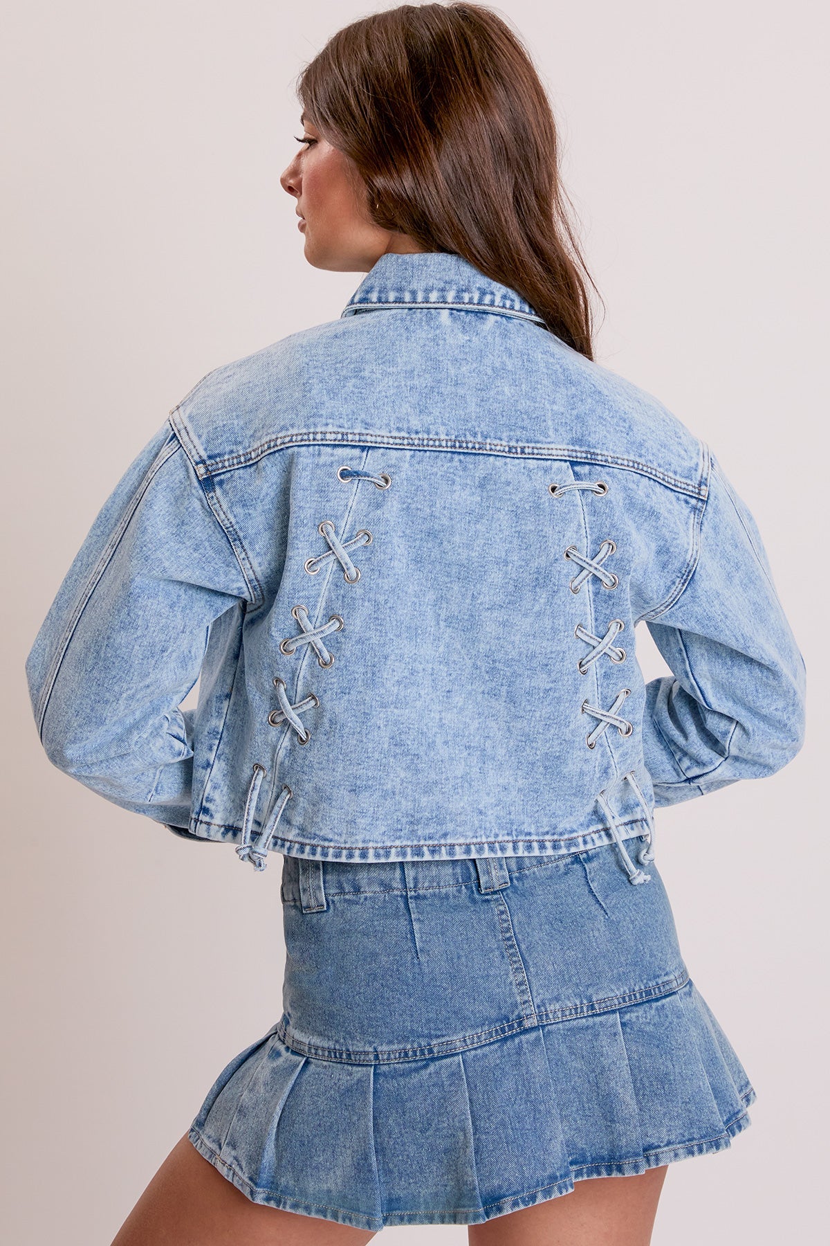 Women's Cropped Lace Up Back Denim Jacket - Glamourous Grace