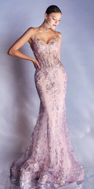 Ladivine J810 Long Fitted Floral Glitter Print Corset Gown - Glamourous Grace