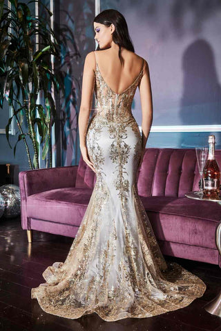 Ladivine J810 Long Fitted Floral Glitter Print Corset Gown - Glamourous Grace