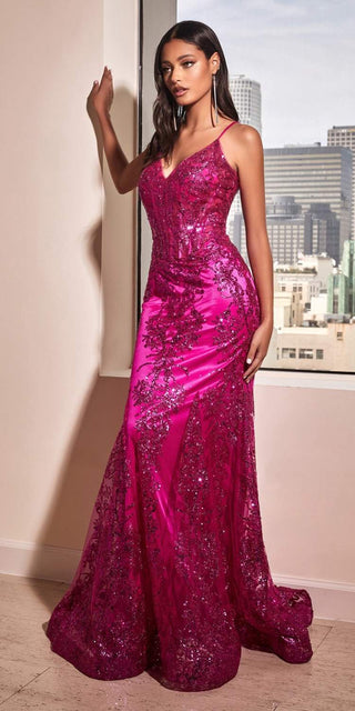 Ladivine J810 Long Fitted Floral Glitter Print Corset Gown - Glamourous Grace