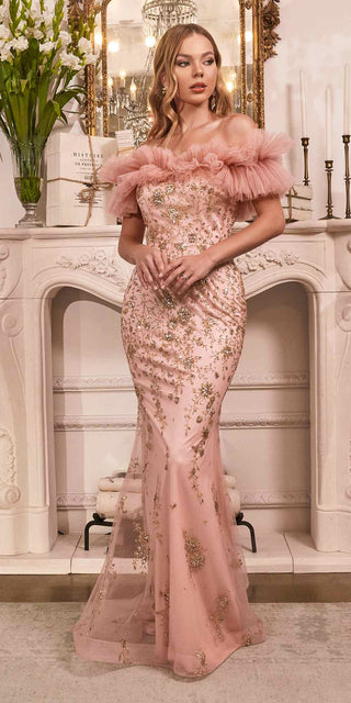 Cinderella Divine J818 Gathered Tulle Off the Shoulder Fitted Gown