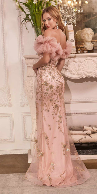 Cinderella Divine J818 Gathered Tulle Off the Shoulder Fitted Gown