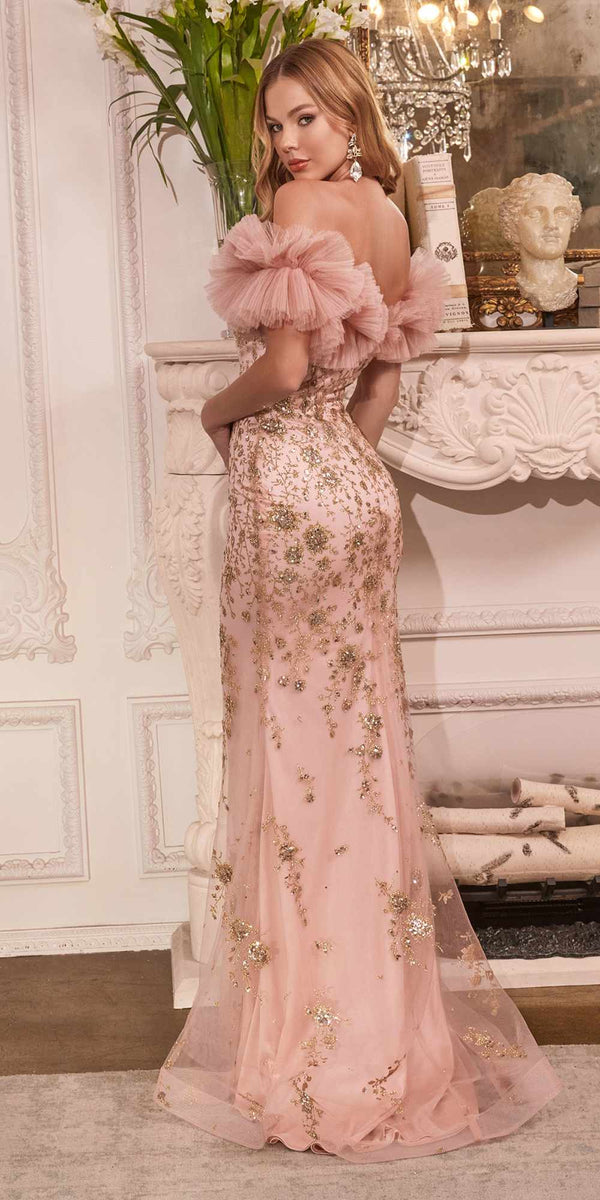 Cinderella Divine J818 Gathered Tulle Off the Shoulder Fitted Gown - Glamourous Grace