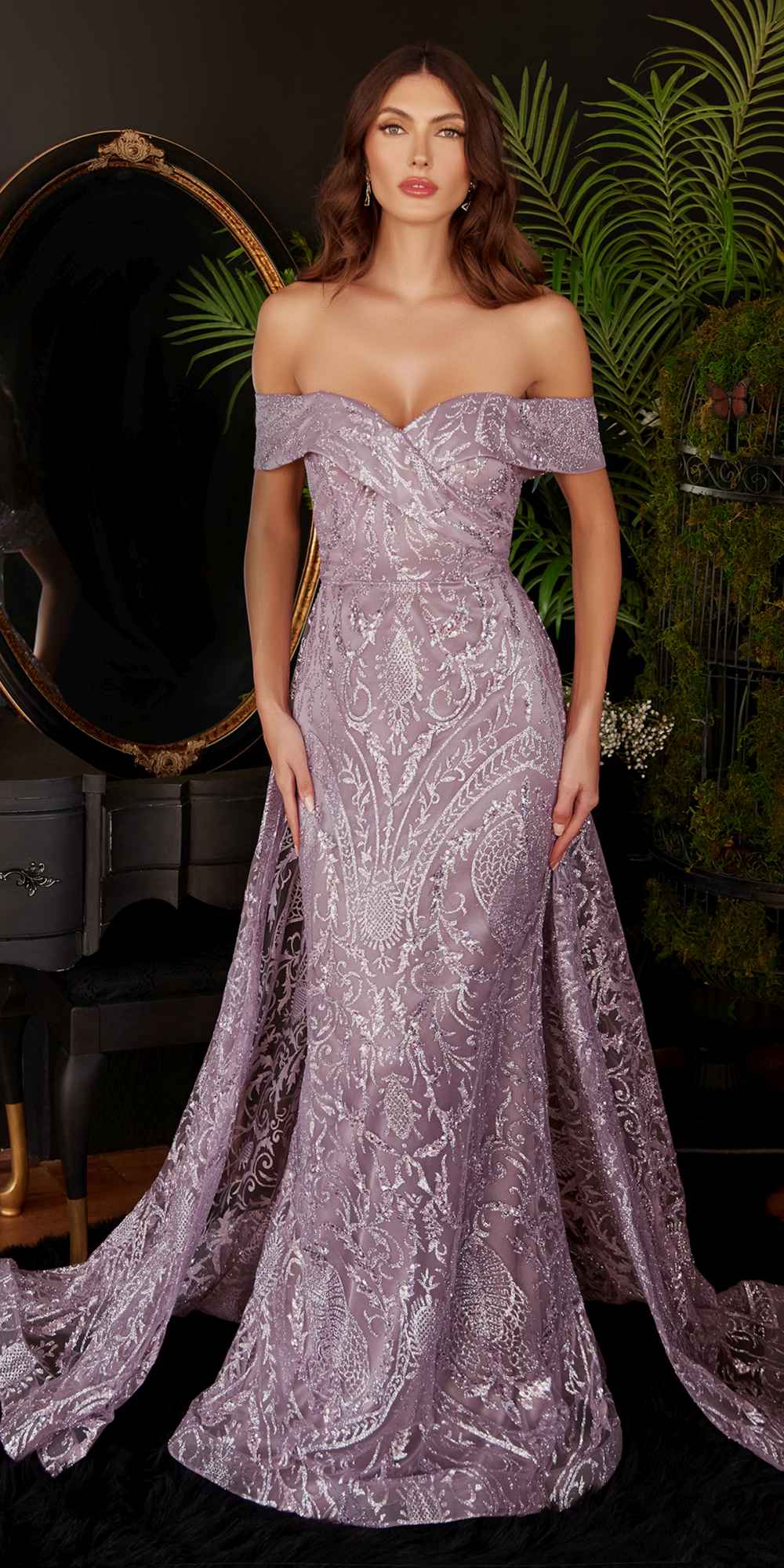 Ladivine J836 Long Off the Shoulder Lace Gown with Over Skirt - Glamourous Grace