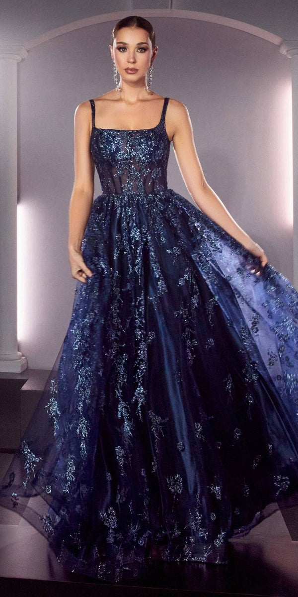 Ladivine J840 Floor Length Glitter Print A-Line Gown Corset Bodice - Glamourous Grace