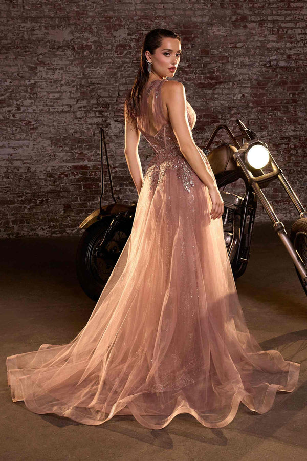 Ladivine J869 Long Fitted Tulle One Shoulder Strap Illusion Neck Gown - Glamourous Grace