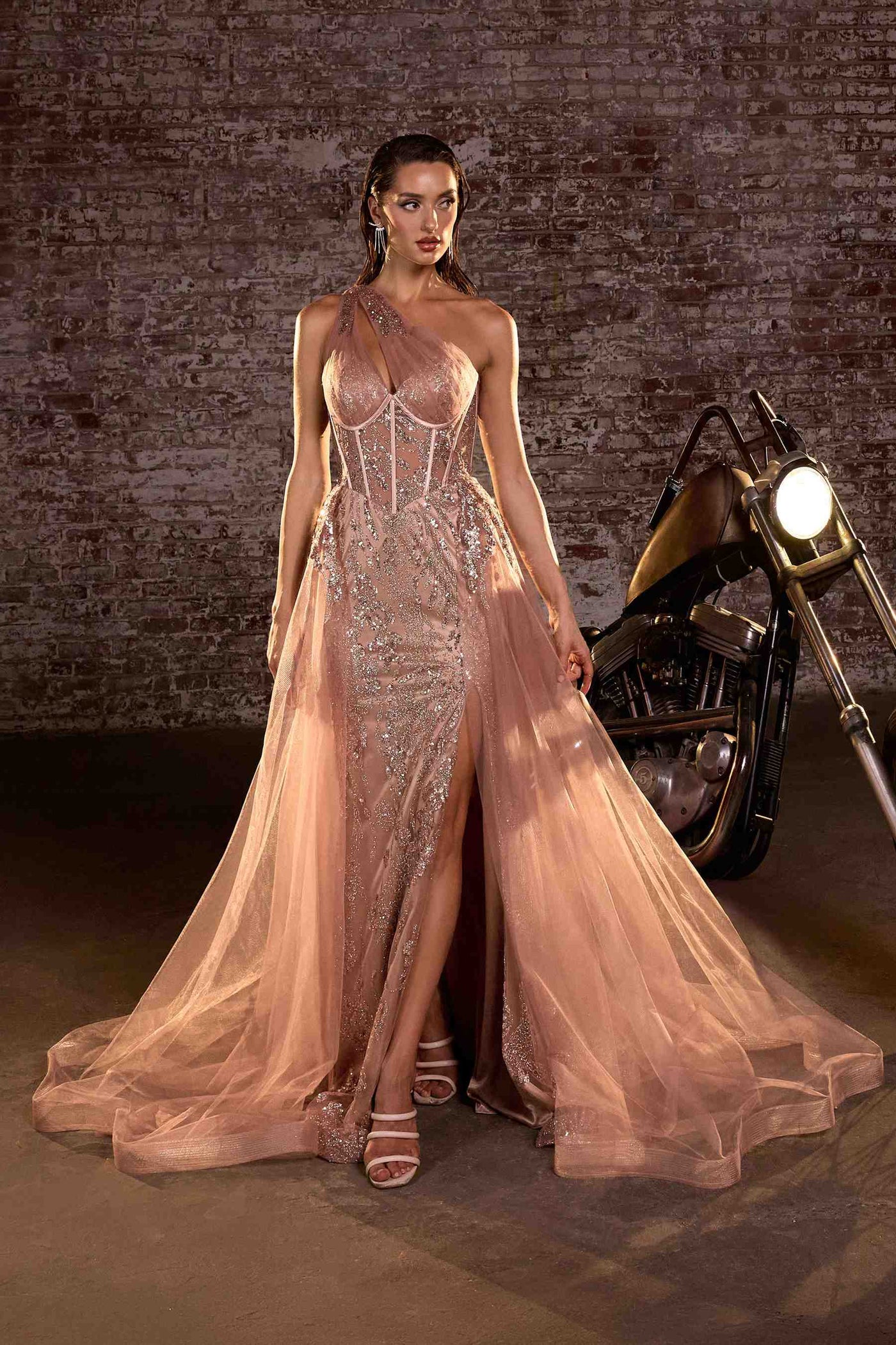 Ladivine J869 Long Fitted Tulle One Shoulder Strap Illusion Neck Gown - Glamourous Grace