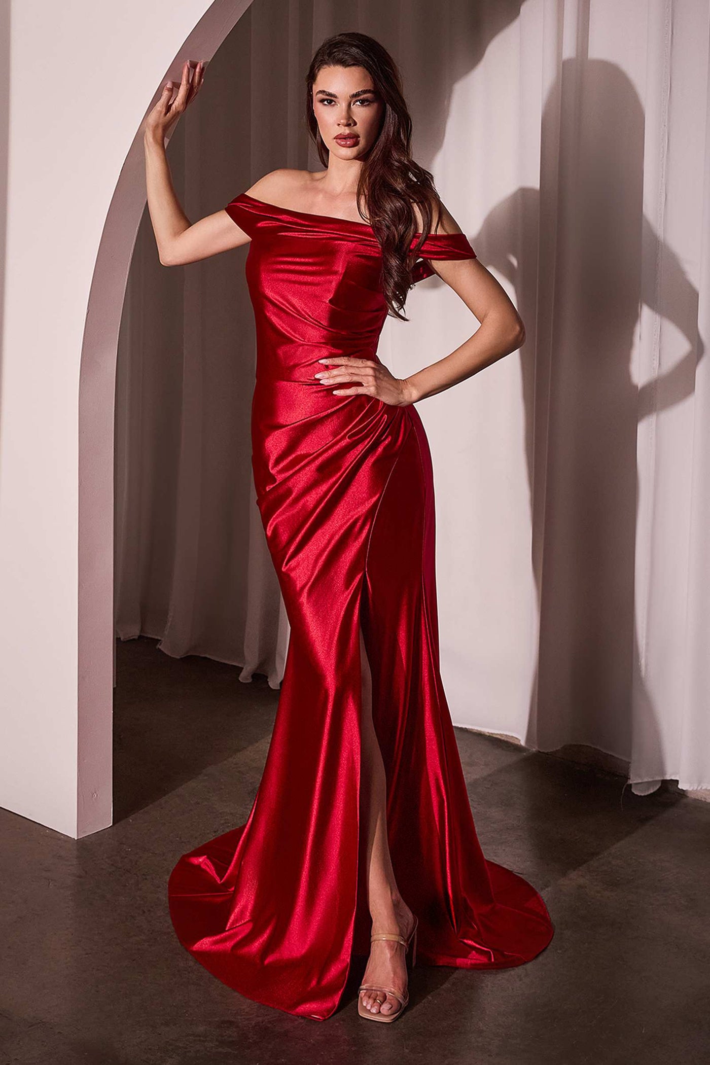 Ladivine J877 Dress Glistening Satin Off the Shoulder Gown - Glamourous Grace