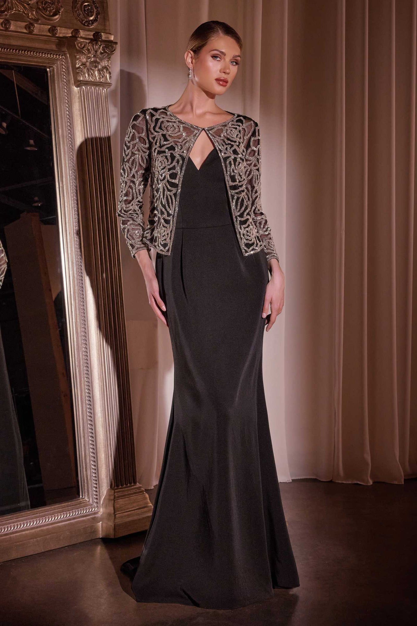 Ladivine J881 Long Fit and Flare Crepe Gown With Removable Jacket - Glamourous Grace