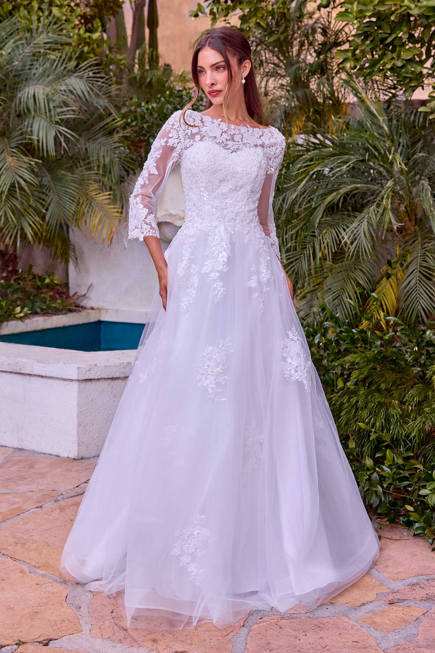Ladivine J883W Wedding A-Line Ball Gown Long Sleeves Lace Applique - Glamourous Grace