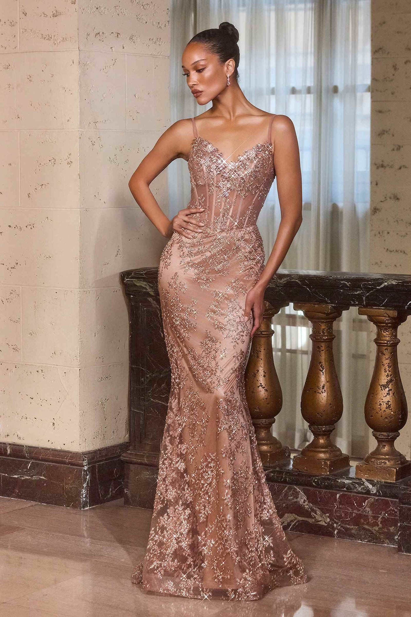 Ladivine J889 Hand Placed Applique Shimmering Sequin Fitted Gown - Glamourous Grace